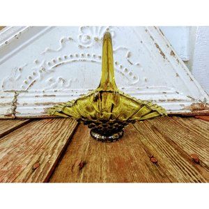 Vintage Fenton Green Glass Basket Hobnail